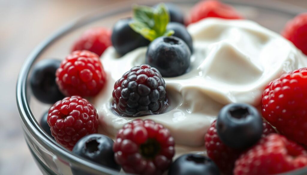 A beautifully lit close-up shot of a glass bowl filled with fresh Greek yogurt, topped with an assortment of plump, juicy berries. The yogurt has a rich, creamy texture, and the berries are vibrant in color, creating a visually appealing and appetizing display. The image is shot from a slightly elevated angle, showcasing the textures and colors in a natural, inviting way. The background is softly blurred, allowing the snack to be the focal point. The overall mood is fresh, healthy, and enticing, perfectly capturing the essence of &amp;quot;Healthy Snacking: Smart Choices for Busy Days&amp;quot; and the section &amp;quot;Healthy snacks you can grab fast, build in minutes, or prep ahead&amp;quot;. Branding: bexypro.com.