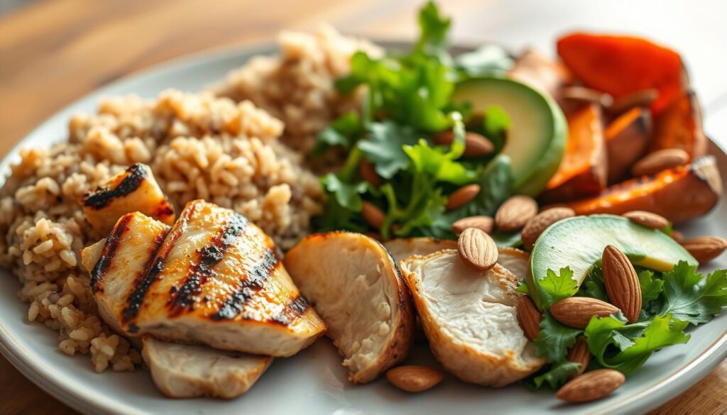 A carefully arranged plate featuring a variety of nutrient-dense recovery foods, bathed in warm, natural lighting and photographed from a high angle. In the foreground, a pile of grilled chicken breast, tender and glistening. Alongside, a scoop of brown rice and quinoa, fluffy and steaming. In the middle, a mound of roasted sweet potato wedges, their caramelized edges catching the light. Scattered around the plate, an assortment of fresh greens, sliced avocado, and a sprinkling of toasted almonds. The overall composition is balanced, vibrant, and inviting, conveying the idea of nourishing the body after a demanding workout.