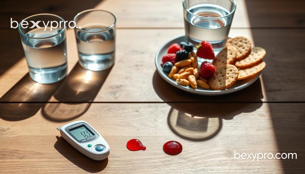 A carefully arranged still life showcasing a snack portion and its impact on blood sugar levels. On a rustic wooden table, a plate holds a serving of nuts, berries, and whole-grain crackers, accompanied by a glass of water. Soft, natural lighting illuminates the scene, casting gentle shadows. In the foreground, a glucose meter and a small drop of blood contrast with the healthy snack, symbolizing the balance between satisfying cravings and maintaining blood sugar stability. The overall mood is one of mindful, nourishing choices. Discreetly placed in the corner, the bexypro.com logo adds a subtle touch of authority to this educational image.