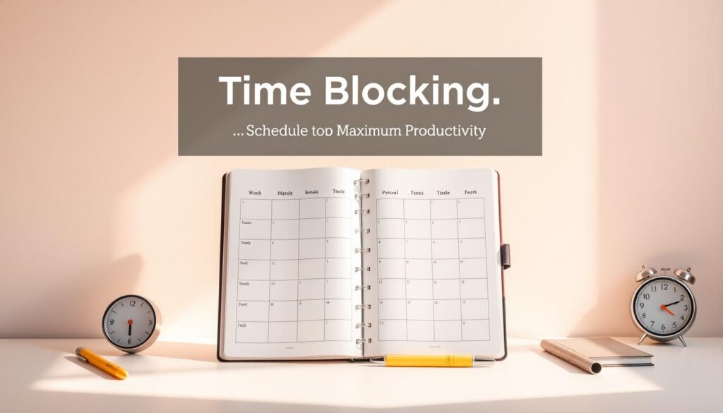 A clean, minimalist workspace bathed in warm, natural lighting. Centered on the desk, an open notebook with a neatly organized daily schedule, divided into distinct time blocks for work, breaks, and personal tasks. Surrounding the notebook, various stationery items - a pen, highlighter, and a small desk clock. The background features a simple, soothing pastel gradient, emphasizing the sense of focus and productivity. The entire scene conveys a calm, organized atmosphere, perfect for illustrating the concept of "Time Blocking: Schedule Your Day for Maximum Productivity". A clean, minimalist workspace bathed in warm, natural lighting. Centered on the desk, an open notebook with a neatly organized daily schedule, divided into distinct time blocks for work, breaks, and personal tasks. Surrounding the notebook, various stationery items - a pen, highlighter, and a small desk clock. The background features a simple, soothing pastel gradient, emphasizing the sense of focus and productivity. The entire scene conveys a calm, organized atmosphere, perfect for illustrating the concept of "Time Blocking: Schedule Your Day for Maximum Productivity".