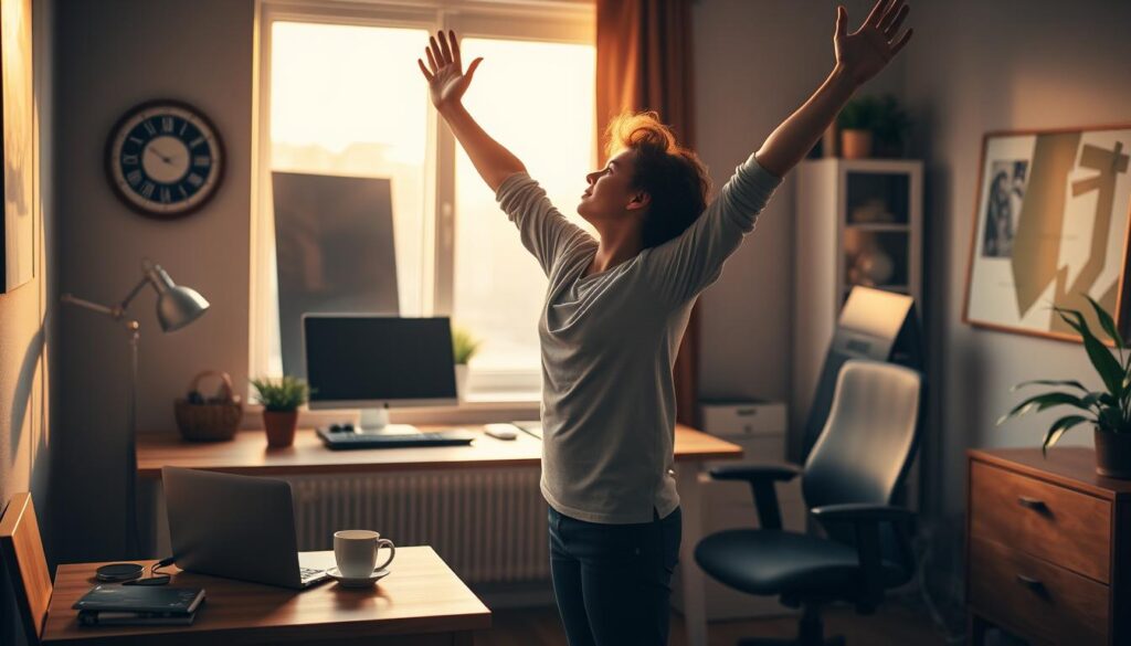 A cozy home office with a comfortable desk and ergonomic chair, bathed in warm, natural lighting from a large window. On the desk, a laptop, a potted plant, and a steaming mug of coffee. In the foreground, a person standing up, stretching their arms overhead, taking a well-deserved break from their work. The atmosphere is one of calm and focus, gently encouraging the viewer to pause, breathe, and rejuvenate. The overall scene conveys the importance of work-life balance and the benefits of incorporating regular breaks into one's daily routine. A cozy home office with a comfortable desk and ergonomic chair, bathed in warm, natural lighting from a large window. On the desk, a laptop, a potted plant, and a steaming mug of coffee. In the foreground, a person standing up, stretching their arms overhead, taking a well-deserved break from their work. The atmosphere is one of calm and focus, gently encouraging the viewer to pause, breathe, and rejuvenate. The overall scene conveys the importance of work-life balance and the benefits of incorporating regular breaks into one's daily routine.