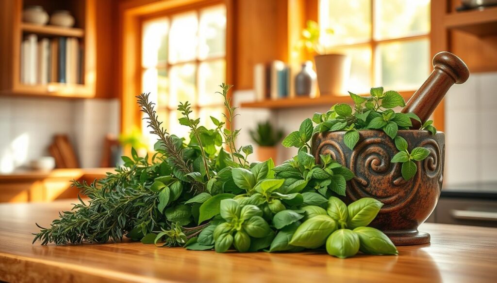 A cozy kitchen scene, bathed in warm, natural lighting from large windows. On the counter, an assortment of fresh herbs - rosemary, thyme, basil, and mint - arranged artfully, their vibrant colors and lush textures capturing the essence of daily herb use. A mortar and pestle stand nearby, ready to grind these fragrant plants into flavorful blends. In the background, a bookshelf displays a collection of herbal remedy books, while a small potted plant adds a touch of greenery. The overall atmosphere is inviting and serene, encouraging the viewer to slow down and appreciate the simple pleasures of integrating herbs into one's daily life.