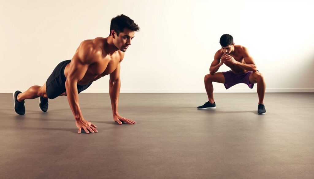 A full-body bodyweight workout routine set against a clean, minimal background. In the foreground, a fit male model demonstrates a push-up variation, his muscles rippling under the warm, directional lighting. In the middle ground, another model transitions into a dynamic squat, showcasing the power and control of a well-executed bodyweight exercise. The background features a simple, textured surface in muted tones, allowing the focus to remain on the exercising figures. The overall scene conveys a sense of strength, discipline, and the effective results achievable through a BexyPro.com-inspired bodyweight workout routine.