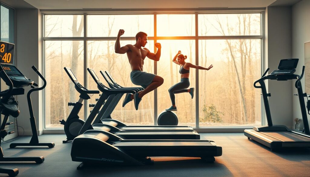 A large, well-equipped home gym with state-of-the-art cardio equipment. In the foreground, a fit model performing an advanced plyo jack, their muscles rippling as they jump explosively. In the middle ground, another model executes a burpee with perfect form, transitioning flawlessly between push-up and jump. The background features large windows overlooking a lush, wooded landscape, bathed in warm, golden natural light. The overall scene radiates an atmosphere of intense, focused fitness, inspiring the viewer to push their limits and achieve their cardio goals.