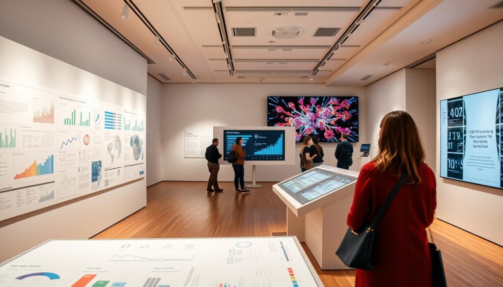 A meticulously crafted data visualization exhibit set in a modern, well-lit gallery space. The foreground showcases an array of visually striking graphs, charts, and infographics, each designed with clean lines, bold colors, and intuitive layouts. The middle ground features an interactive data dashboard, its sleek interface inviting visitors to explore the data in depth. In the background, a large screen displays a kaleidoscope of dynamic, data-driven visualizations, drawing the eye and sparking curiosity. The overall atmosphere is one of clarity, engagement, and the power of data to enhance understanding.