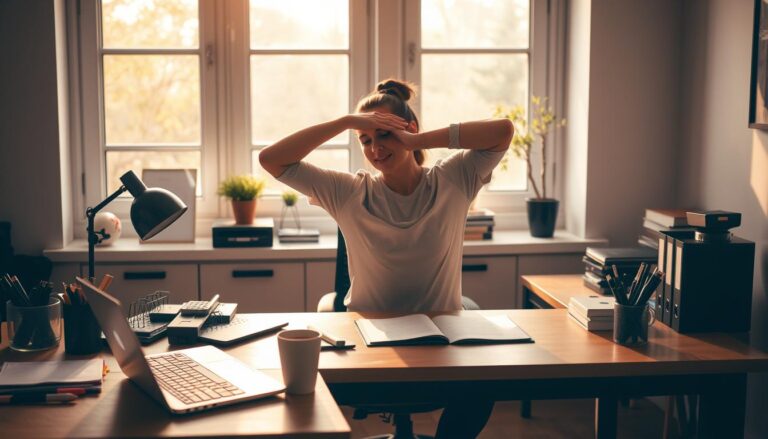 A neatly organized desk with a laptop, a cup of coffee, and various office supplies. In the foreground, a person is seated, performing simple desk exercises like shoulder rolls, neck stretches, and leg raises. Warm, natural lighting filters through large windows, casting a gentle glow on the scene. The background features minimal decor, allowing the focus to remain on the desk-based workout. The overall mood is one of productivity and mindfulness, encouraging a healthy work-from-home routine.