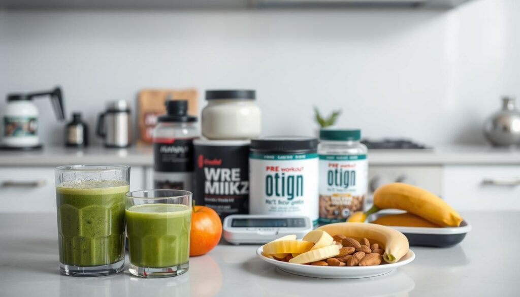 A neatly organized kitchen counter with an assortment of pre-workout supplements, protein powders, and fresh fruits and vegetables. In the foreground, a glass filled with a vibrant green smoothie sits next to a plate of sliced apples, bananas, and almonds. The middle ground features various pre-workout mixes, shakers, and a digital scale for precise measurements. The background showcases a clean, well-lit space with a sleek, minimalist aesthetic, emphasizing the importance of proper nutrition timing for optimal energy and recovery during a workout session.
