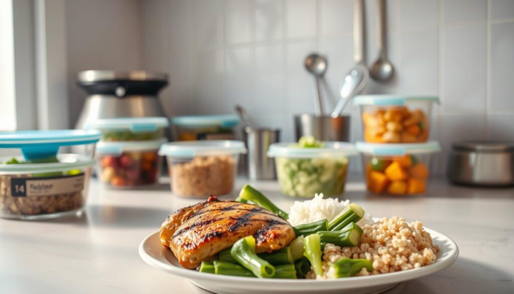 A neatly organized kitchen counter with various portion-controlled food containers and measuring tools. In the foreground, a plate with precisely measured servings of a balanced meal - grilled chicken, steamed vegetables, and a small portion of whole grain rice. Backlit by soft, natural lighting, the scene conveys a sense of mindfulness and attention to detail for healthy eating. In the middle ground, a food scale, measuring cups, and spoons are arranged, hinting at the importance of precise portion monitoring for weight loss. The background features a clean, minimalist wall with a subtle grid pattern, creating a calming, organized atmosphere.