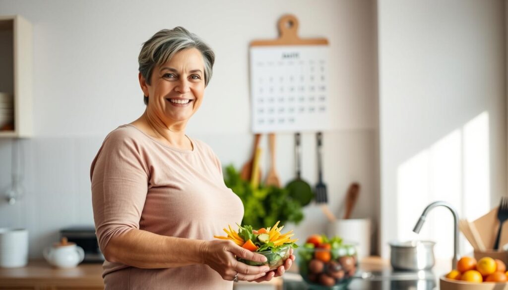 A satisfied, healthy-looking person standing in a bright, well-lit kitchen, smiling confidently while preparing a balanced, colorful meal. In the background, a calendar on the wall marks the passage of time, symbolizing the long-term commitment to their diet plan. The lighting is soft and natural, creating a sense of warmth and positivity. The person's posture and expression convey a sense of pride and accomplishment, reflecting the success of their long-term dietary journey. The image should evoke a feeling of attainable, sustainable weight management through a thoughtful, lifestyle-focused approach to nutrition.