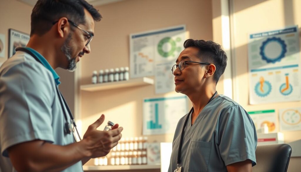 A serene medical clinic interior, bathed in warm, natural lighting. In the foreground, a healthcare professional explains the benefits of vaccination to a patient, their gestures and facial expressions conveying empathy and expertise. In the middle ground, shelves display vials of various vaccines, their labels clearly visible. The background features informative posters and diagrams illustrating the science behind vaccination, reinforcing the message of its importance for individual and community health. The overall atmosphere is one of trust, education, and the promotion of well-informed, evidence-based healthcare decisions.