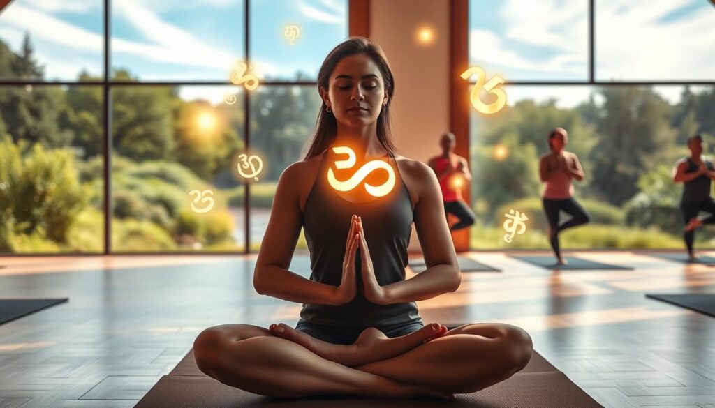 A serene yoga studio with warm, natural lighting. In the foreground, a yogi sits cross-legged, eyes closed, palms together in a meditative pose. Hovering above their hands, glowing Sanskrit mantras float and swirl, their ancient power radiating outwards. In the middle ground, other yogis move through fluid asanas, their bodies in harmony with the meditative chants. In the background, a tranquil nature scene - lush greenery, a babbling brook, and a clear sky with wispy clouds. An atmosphere of deep focus, spiritual connection, and holistic well-being permeates the space.