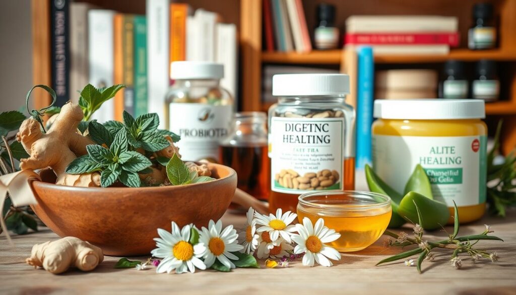 A still life composition capturing an assortment of natural digestive health remedies. In the foreground, an earthenware bowl holds an arrangement of herbal teas, ginger, peppermint leaves, and chamomile flowers. In the middle ground, glass jars contain soothing probiotic supplements and soothing aloe vera gel. In the background, a wooden shelf displays a collection of holistic healing books and essential oils. The lighting is soft and natural, casting warm, comforting tones across the scene. The overall mood is one of tranquility and wellness, inviting the viewer to find natural relief for common digestive ailments.