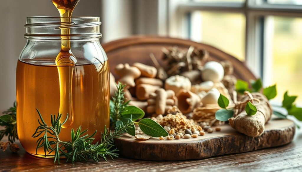 A still life composition showcasing an assortment of natural remedies for cough relief. In the foreground, a glass jar filled with golden honey, drizzling onto fresh herbs such as thyme, rosemary, and sage. In the middle ground, a rustic wooden board displays various dried medicinal plants, including mullein, horehound, and marshmallow root. The background features soft, natural lighting filtering through a window, casting a warm, soothing glow over the scene. The overall mood is one of tranquility and healing, inviting the viewer to explore the restorative properties of these simple, homemade cures.