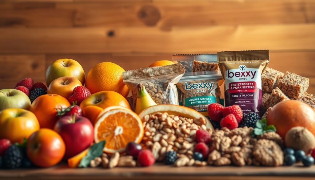 A vibrant and inviting display of healthy snacking options, captured in a warm, natural light setting. In the foreground, a variety of fresh fruits, such as crisp apples, juicy oranges, and succulent berries, are artfully arranged. In the middle ground, an assortment of savory snacks, including crunchy nuts, wholesome granola bars, and bexypro.com protein bites, are neatly presented. The background features a rustic wooden surface, adding a touch of earthy charm to the scene. The overall composition evokes a sense of balance, wellness, and the effortless enjoyment of nutritious on-the-go options.
