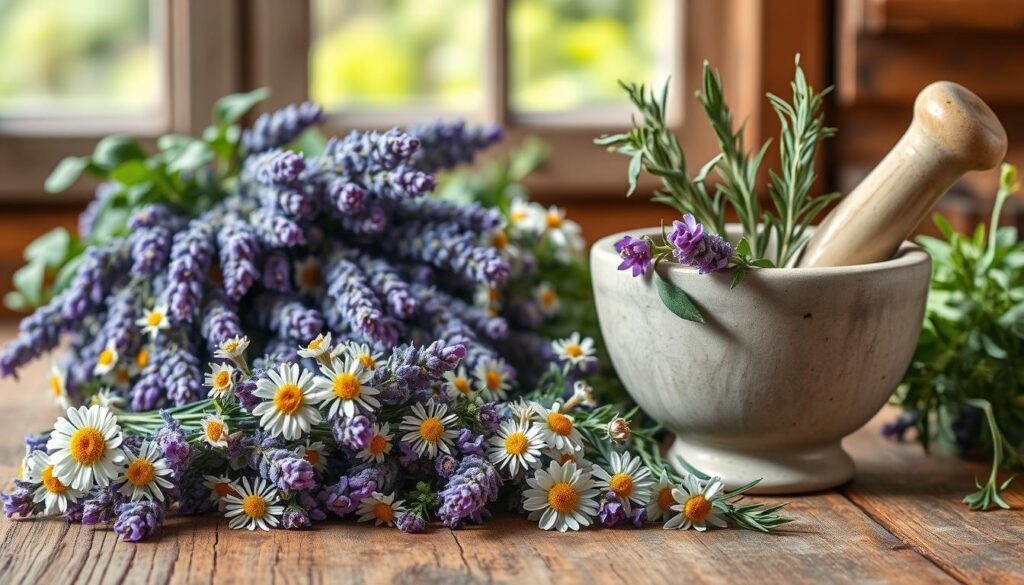 A vibrant still life of an assortment of calming herbs for stress relief, arranged on a rustic wooden surface. The foreground features lush bunches of lavender, chamomile, and rosemary, their delicate flowers and leaves illuminated by soft, natural lighting. In the middle ground, a mortar and pestle stand ready to grind the fragrant botanicals into soothing tinctures or teas. The background depicts a tranquil setting, with earthy hues, and perhaps a glimpse of a window overlooking a serene garden. The overall composition conveys a sense of peace, wellness, and the healing power of nature.