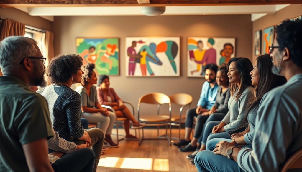 A warm, inviting gathering of diverse individuals in a cozy, well-lit community center. The foreground features a group of people engaged in conversation, their faces lit by soft, natural lighting that creates a sense of intimacy and connection. In the middle ground, a circular arrangement of chairs encourages open dialogue, while the background showcases vibrant, collaborative artwork on the walls, reflecting the community's creativity and unity. The overall atmosphere conveys a sense of belonging, where individuals come together to share ideas, support one another, and forge meaningful relationships.