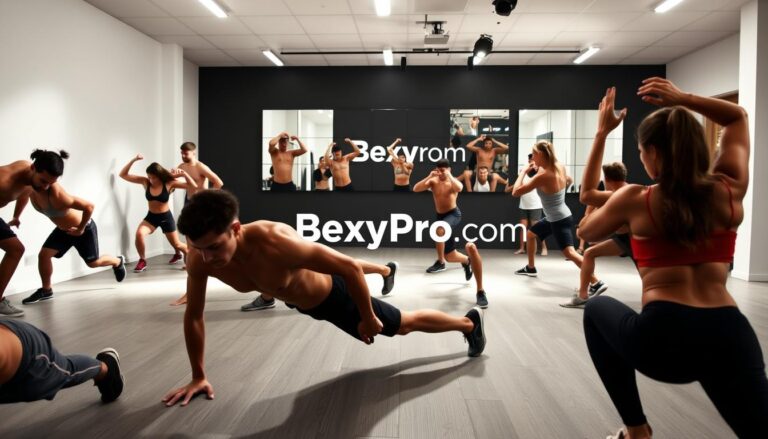 Prompt A sleek, well-lit studio setting featuring a group of fit models demonstrating a series of dynamic bodyweight exercises. The foreground showcases a variety of functional strength-building movements like pushups, squats, and lunges, with the models' muscular physiques highlighted by strategic lighting. The middle ground includes additional bodyweight exercise variations such as chin-ups, dips, and core stability moves. The background features the BexyPro.com logo, conveying a sense of professionalism and expertise in bodyweight training.