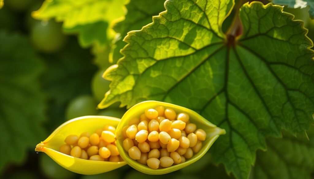 A beautifully illuminated close-up of fresh green grapeseed pods, their glossy surfaces reflecting soft natural light. In the foreground, a single pod splits open to reveal an abundance of tiny, densely packed seeds, each glimmering with a golden hue. The middle ground features a cluster of lush, verdant grapevine leaves, their intricate veins and delicate textures emphasizing the natural bounty. The background is softly blurred, adding a sense of depth and focus to the central elements. This image conveys the rich antioxidant properties inherent within the humble grapeseed, a testament to nature's restorative power.