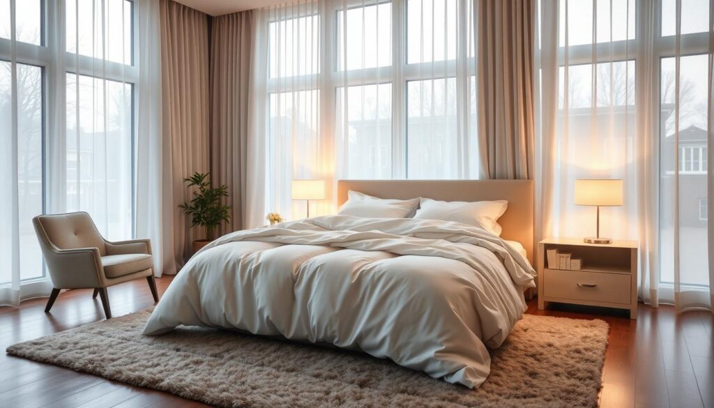 A cozy and serene bedroom, with a plush king-size bed adorned with soft white linens and a fluffy duvet. Sheer curtains frame the large windows, filtering in muted natural light that casts a warm glow. A pair of elegant nightstands flank the bed, each featuring a minimalist table lamp emitting a gentle, ambient radiance. In the corner, a comfortable armchair invites relaxation, accompanied by a small side table and a potted plant. The hardwood floors are covered by a lush, textured area rug, adding to the overall sense of comfort and tranquility. The overall atmosphere is one of peaceful retreat, designed to promote deep, restorative sleep.
