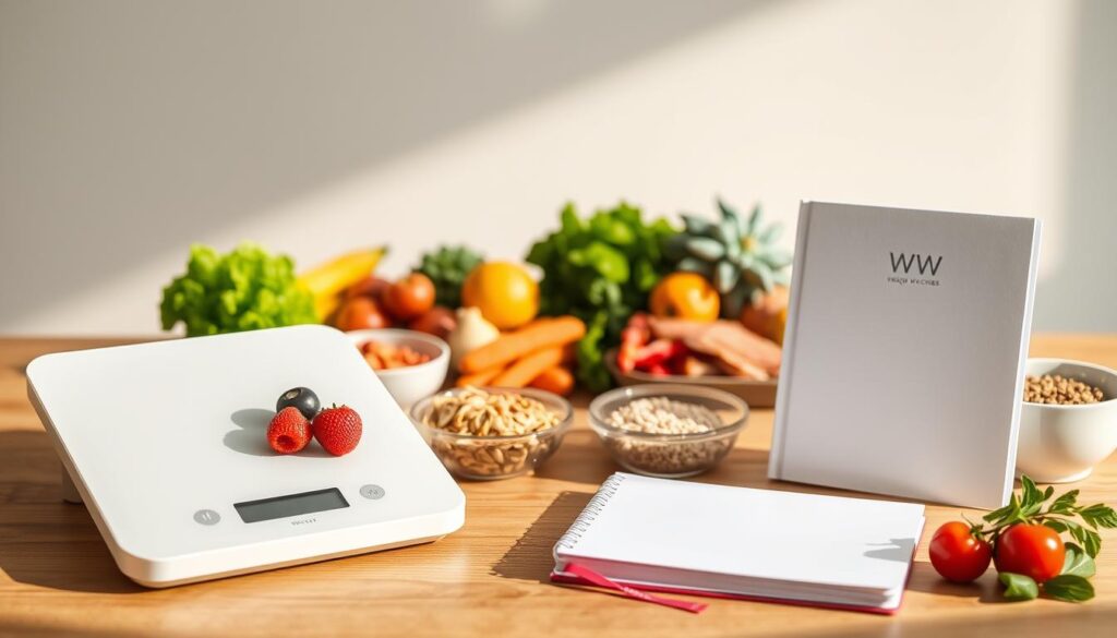 A crisp, clean tabletop scene showcasing the key elements of the WW (Weight Watchers) points system. In the foreground, a sleek digital scale and a smartly-designed food journal with a minimalist cover. In the middle ground, a selection of healthy snacks and meals - fresh fruits, vegetables, lean proteins, and whole grains - arranged neatly against a neutral background. Soft, natural lighting casts a warm glow, highlighting the textures and colors. The overall atmosphere conveys a sense of structure, simplicity, and wellness, reflecting the structured approach of the WW program.