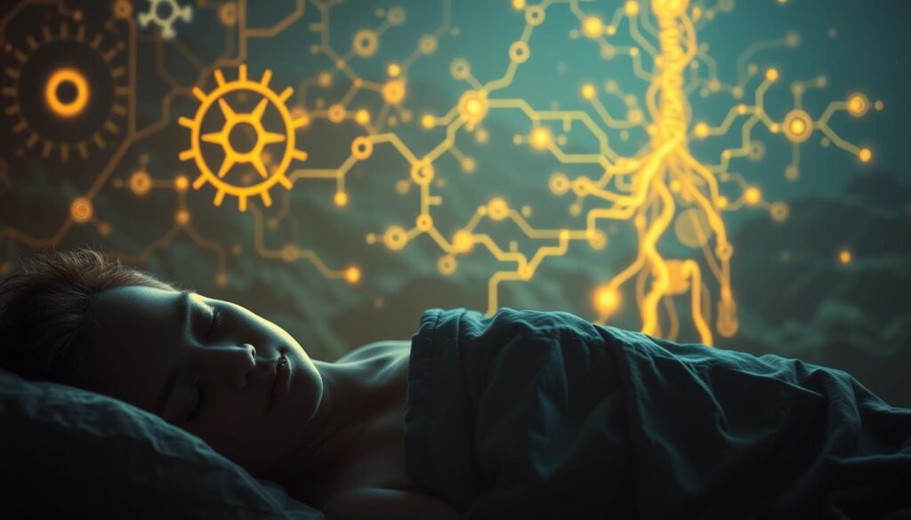 A metabolic system in deep slumber, its intricate gears and cycles dimmed by the veil of night. In the foreground, a sleeping figure lies peacefully, their breath gently rising and falling, as hormones and enzymes orchestrate a symphony of cellular activity. The middle ground reveals a glowing network of pathways, pulsing with the rhythm of energy conversion and nutrient processing. In the background, a dimly lit landscape of sleeping organs and tissues, each playing its part in the delicate dance of metabolism. Soft, warm lighting bathes the scene, evoking a sense of tranquility and the intricate interplay between sleep and the body's fundamental processes.