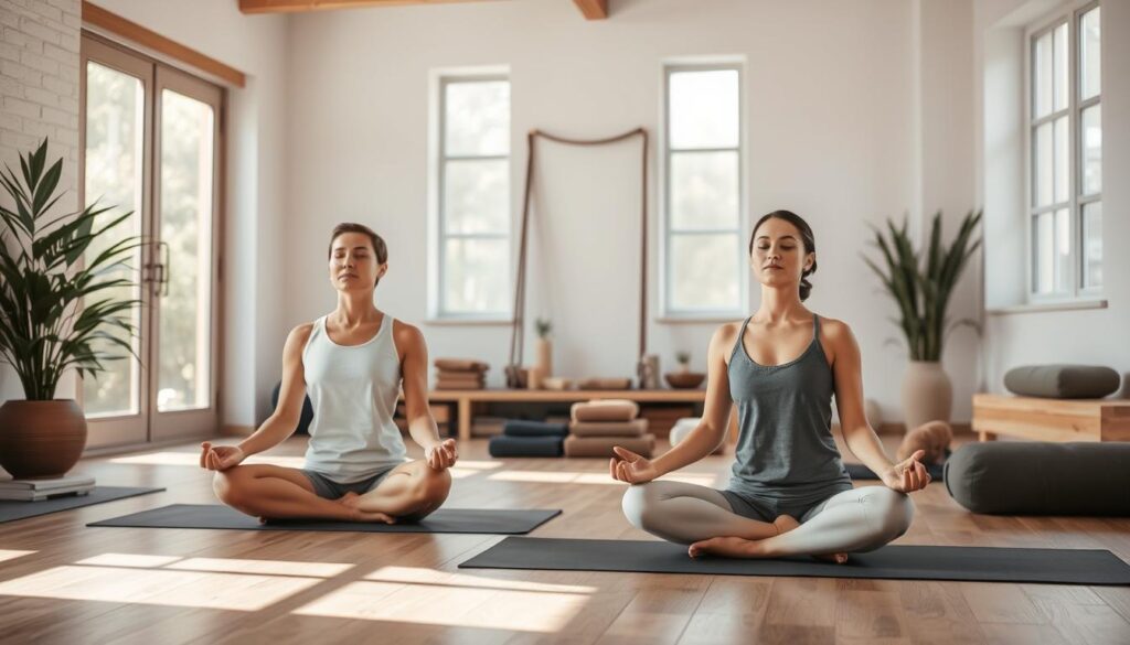 A serene yoga studio with soft natural lighting filtering through large windows. In the foreground, two individuals in lotus position, their eyes closed, palms upturned, embodying tranquility and inner focus. Middle ground features an array of yoga props - blocks, straps, and bolsters - subtly arranged to complement the scene. The background showcases a soothing color palette of earthy tones, with minimalist decor that creates a calming ambiance. The overall atmosphere exudes a sense of balance, harmony, and the integration of mind, body, and spirit.