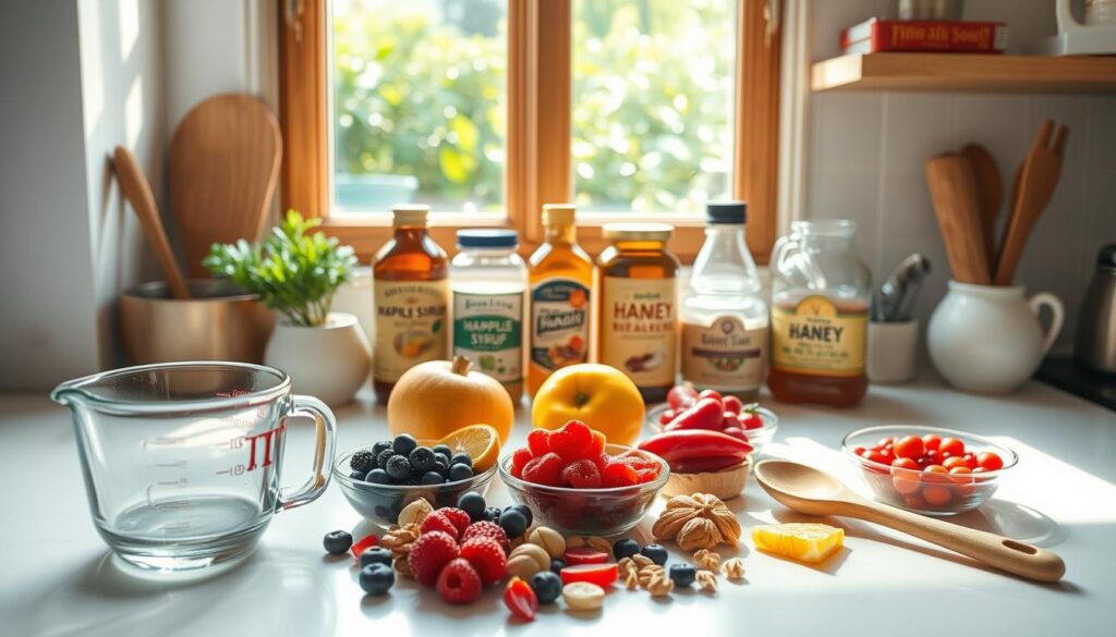 A sunlit kitchen counter, clean and uncluttered, with a variety of natural, wholesome ingredients arranged thoughtfully. In the foreground, an assortment of fresh fruits, berries, and nuts, accompanied by a glass measuring cup and a wooden spoon. In the middle ground, several jars of honey, maple syrup, and other natural sweeteners, their labels clearly visible. The background features a window overlooking a lush, green garden, with soft, natural lighting filtering in. The overall atmosphere is one of simplicity, mindfulness, and a focus on practical, healthy sugar reduction strategies.