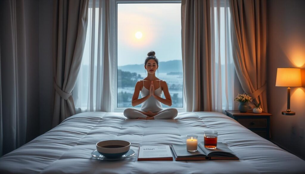 A tranquil bedroom scene, softly lit by a warm bedside lamp. In the foreground, a person sitting cross-legged on a plush mattress, eyes closed, hands resting gently on their lap, engaging in mindful meditation. Billowing curtains frame the scene, hinting at a peaceful, serene environment. The middle ground features a nightstand with a bowl of soothing herbal tea, a scented candle, and a sleep journal. In the background, a large window overlooks a calming, moonlit landscape, promoting a sense of relaxation and restfulness. The overall atmosphere evokes a soothing, restorative mood, ideal for winding down and preparing for a restful night's sleep.