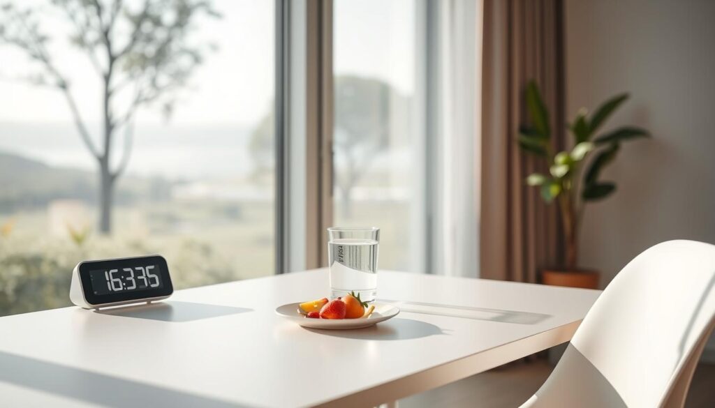 A tranquil workspace with a sleek, minimal desk and a clean, modern chair. On the desk, a digital clock displays the intermittent fasting schedule, with a glass of water and a fresh, healthy snack nearby. Soft, diffused lighting illuminates the scene, creating a calming, focused atmosphere. The background features a large window overlooking a serene, natural landscape, blending the indoor and outdoor spaces seamlessly. The overall composition conveys a sense of balance, discipline, and a mindful approach to wellness.