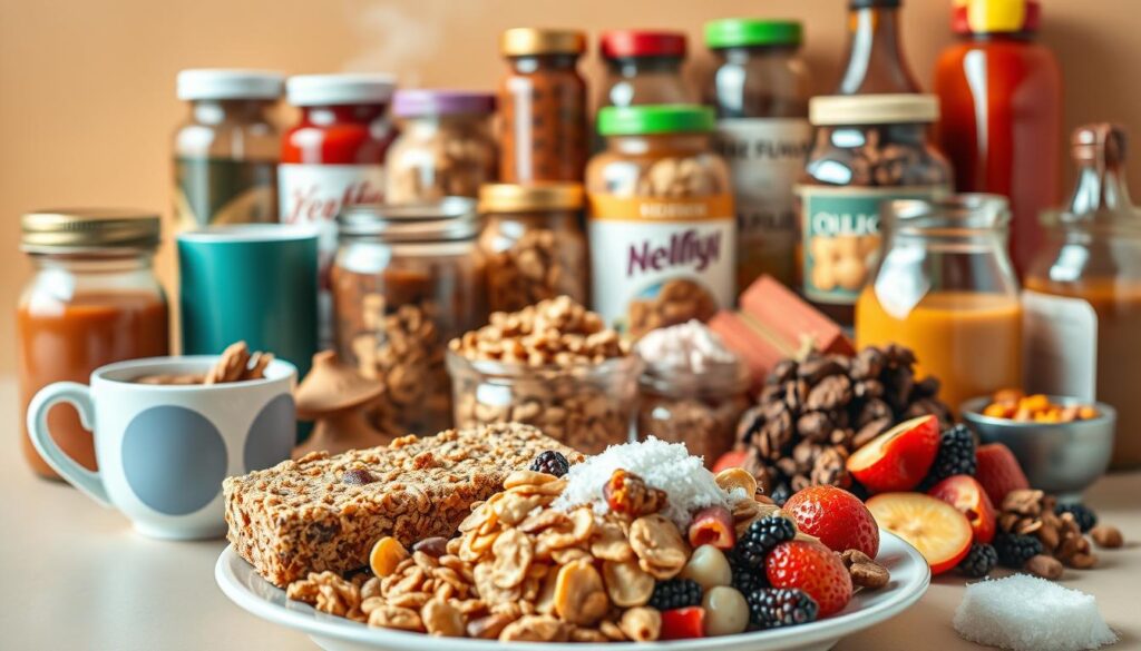 A vibrant still life arrangement depicting an assortment of unexpected high-sugar foods. In the foreground, a plate showcases an array of seemingly healthy snacks - granola bars, trail mix, and flavored yogurt - but upon closer inspection, the high added sugar content is revealed. The middle ground features a steaming mug of flavored coffee, a stack of breakfast cereals, and a pile of dried fruit, all concealing significant amounts of added sweeteners. The background is filled with jars of condiments, sauces, and dressings, highlighting how sugar can be hidden in savory items. Soft, warm lighting casts an inviting glow, drawing the viewer's attention to the deceptively sweet delights. The overall composition suggests the importance of carefully scrutinizing food labels to identify and limit hidden sources of sugar in our daily diet.