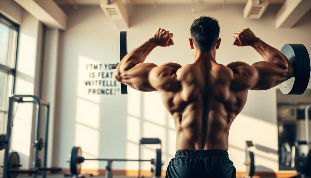 A well-lit gym setting with a muscular model performing a series of back and shoulder strengthening exercises. In the foreground, the model is mid-motion, showcasing a barbell row with their back engaged and shoulders squared. In the middle ground, the model transitions to a military press, arms extended overhead, deltoids flexed. The background features minimal clutter, with simple weight training equipment and motivational wall art. The lighting is warm and natural, casting subtle shadows that accentuate the model's muscular definition. The overall atmosphere conveys the focus and dedication required for building a strong, sculpted upper body.