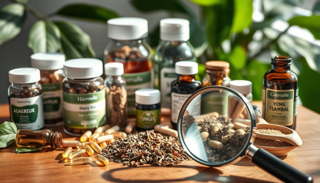 A wooden table with an assortment of herbal supplements, including capsules, tinctures, and dried herbs. Soft, natural lighting illuminates the scene, casting gentle shadows. In the foreground, a magnifying glass examines the labels, emphasizing the importance of carefully researching each product. The background features lush, green leaves, symbolizing the connection between nature and wellness. The overall mood is one of thoughtful consideration, highlighting the need for caution and diligence when choosing herbal remedies.