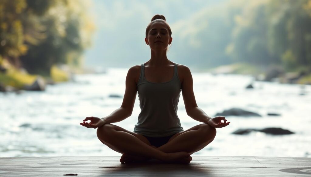 Meditation breathing techniques: A peaceful, serene scene of a person sitting in a lotus position, eyes closed, hands resting on their lap. The lighting is soft and diffused, creating a calming, introspective atmosphere. The background is a tranquil natural setting, perhaps with a flowing river or a lush forest. The subject's posture is relaxed yet focused, conveying a sense of mental clarity and inner balance. The composition emphasizes the simplicity and tranquility of the moment, inviting the viewer to feel the stillness and presence of the meditation practice.