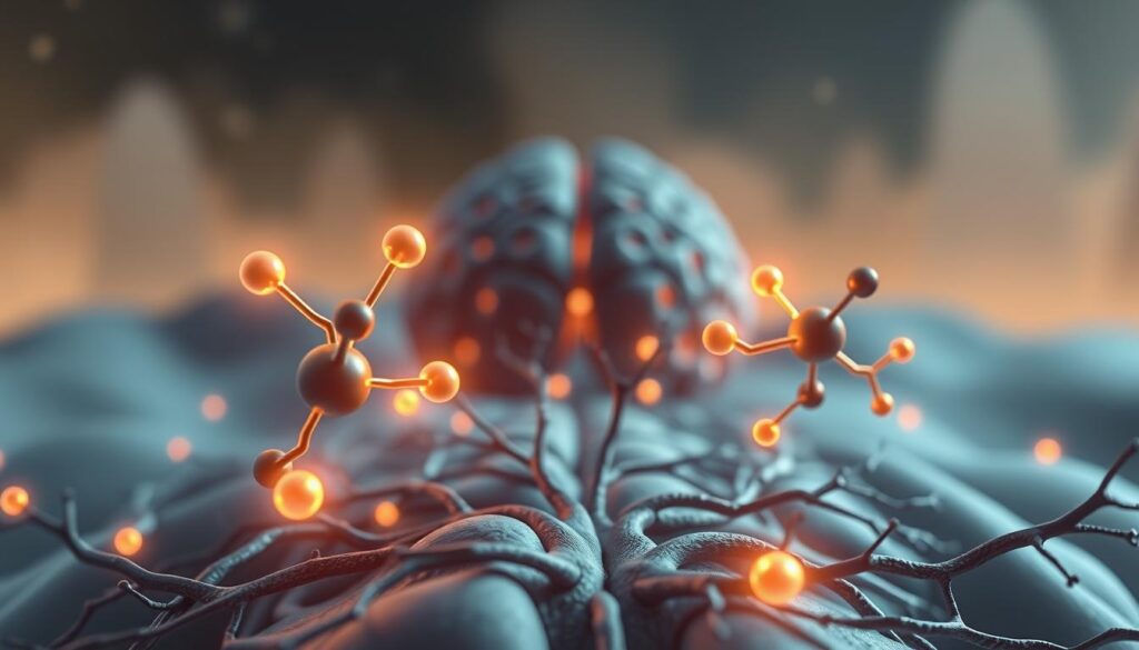 Prompt A close-up illustration of the key hunger hormones, ghrelin and leptin, interacting with the brain's sleep-wake center. In the foreground, stylized glowing representations of ghrelin and leptin molecules dance around a central neural network. The middle ground depicts the hypothalamus, thalamus, and other sleep-regulating structures in muted colors. The background is a hazy, dreamlike landscape, with subtle shifts in lighting and textures to convey the connection between sleep quality and hormonal balance. The overall scene has a scientific, yet whimsical and conceptual feel, capturing the complex interplay between sleep, hunger, and weight management.