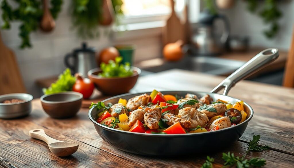 A beautifully arranged single pan on a rustic wooden kitchen table, showcasing a variety of colorful ingredients freshly cooked together. In the foreground, a one-pan dish filled with vibrant vegetables, tender chicken, and aromatic herbs, all glistening with a light drizzle of olive oil. The middle ground features a few kitchen tools, such as a wooden spoon and a small bowl of spices, enhancing the cooking theme. In the background, soft-focus kitchen elements like hanging herbs and a warm, inviting light coming through a window set a cozy atmosphere. The image is captured with a shallow depth of field to emphasize the dish, using natural light for a warm, inviting feel, evoking a sense of easy, healthy cooking at home.