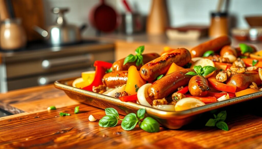 A delicious sausage and peppers sheet pan dinner, featuring juicy Italian sausages nestled among vibrant red and yellow bell peppers, sliced onions, and aromatic garlic. The dish is artfully arranged on a rustic wooden table, with a glossy finish reflecting the warm golden light of a cozy kitchen. In the foreground, a sheet pan is overflowing with colorful ingredients, while sprigs of fresh basil are scattered for added freshness. The background showcases a softly blurred kitchen environment, hinting at a homey atmosphere with cooking tools subtly visible. Capture this scene with warm, inviting lighting, a slightly angled view for depth, and enhance the textures of the sausage and vegetables, evoking a sense of comfort and wholesome deliciousness.