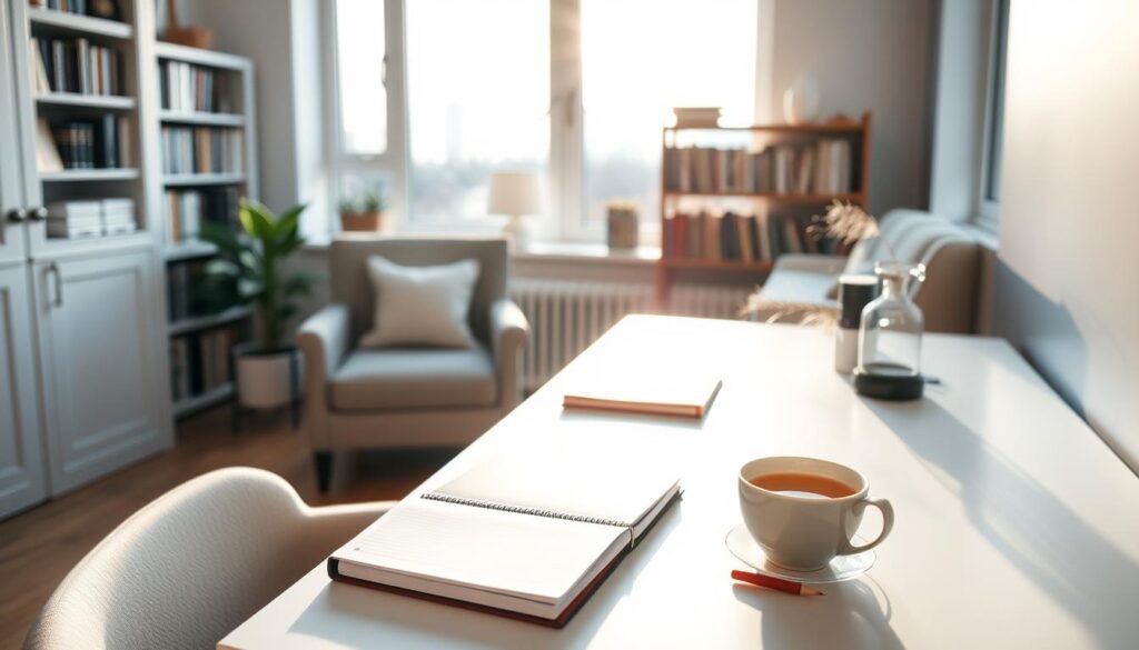 A serene morning routine unfolds in a cozy home study. Soft natural light filters through large windows, casting a warm glow on a minimalist desk and a comfortable armchair. On the desk, a journal, a pen, and a cup of steaming tea sit neatly arranged, signifying a moment of contemplation and mental discipline. In the background, bookshelves line the walls, hinting at the pursuit of knowledge. The overall atmosphere exudes a sense of focus, tranquility, and a dedication to personal growth and well-being.