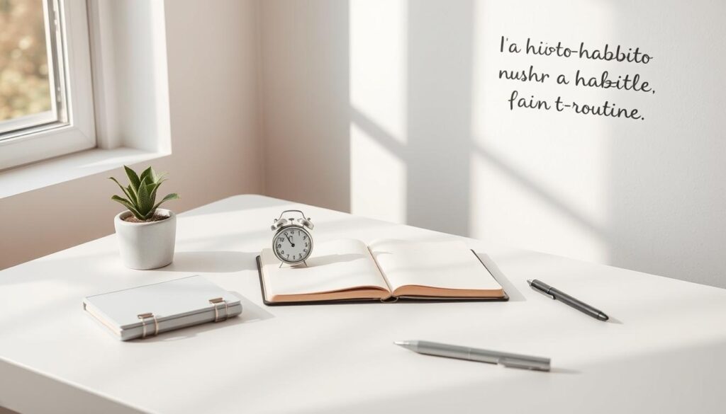 A serene workspace with a minimalist desk, soft natural lighting, and various everyday objects symbolizing micro-habits - a small plant, a timer, a notebook, a pen, and a motivational quote on the wall. The scene has a calming, focused atmosphere, inviting the viewer to embrace a disciplined daily routine. The composition is balanced, with the objects arranged in a visually appealing manner, emphasizing the importance of small, consistent actions. The overall mood is one of simplicity, productivity, and self-improvement.