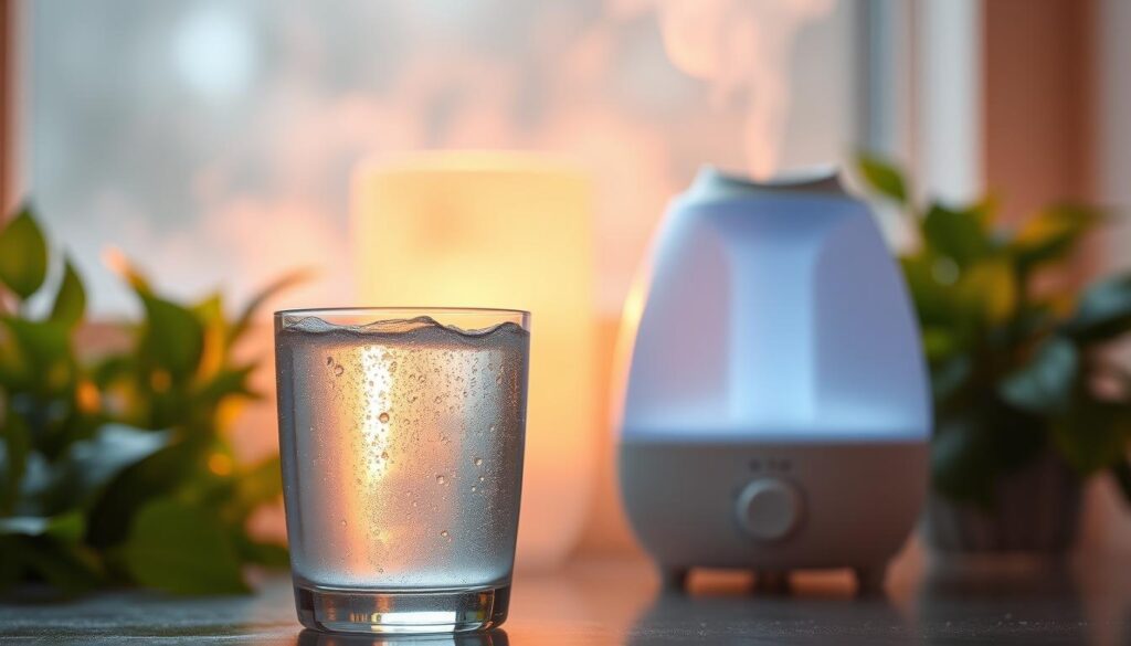 A tranquil scene of soothing hydration and humidity for throat relief. In the foreground, a glass of cool water with condensation beading on the surface, reflecting the warm, ambient lighting. Behind it, a steam-filled humidifier emits a calming mist, creating a serene, misty atmosphere. In the background, lush greenery and soft, diffused lighting evoke a sense of natural, restorative calm. The overall composition conveys a peaceful, comforting environment that can provide relief for a sore, irritated throat.