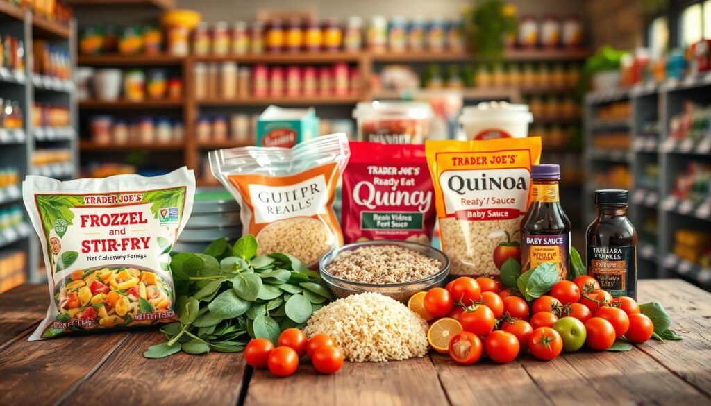 A vibrant and appetizing spread of Trader Joe's quick meal ingredients arranged on a rustic wooden table. In the foreground, colorful packages of frozen vegetable stir-fry, ready-to-eat quinoa, and a selection of sauces like teriyaki and soy sauce. The middle ground features fresh produce such as cherry tomatoes, avocados, and baby spinach arranged artfully. In the background, soft-focus shelves of Trader Joe's products hint at a grocery store ambiance. The lighting is warm and inviting, mimicking late afternoon sunlight streaming through a nearby window, casting gentle shadows. The overall mood is cheerful and relaxed, perfect for a quick meal preparation setting.