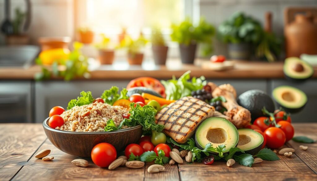 A vibrant arrangement of nutrient-dense foods for weight loss, showcasing an array of colorful vegetables, whole grains, lean proteins, and nuts. In the foreground, a beautifully styled wooden table features a bowl of fresh kale, quinoa, grilled chicken breast, cherry tomatoes, and avocados, artfully arranged to highlight their textures and colors. In the middle ground, a rustic kitchen with soft natural light streaming in through a window, creating a warm and inviting atmosphere. The background includes herbs in pots and a cutting board with sliced vegetables, enhancing the feeling of fresh cooking. The overall composition exudes a sense of health and vitality, encouraging a positive approach to nutrition and weight loss. Soft focus on background elements to emphasize the foreground foods.