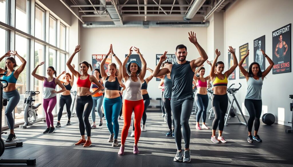 A vibrant fitness scene showcasing effective exercise strategies for weight loss. In the foreground, a diverse group of individuals, dressed in professional activewear, are engaged in various exercises such as yoga, strength training, and cardio, highlighting teamwork and motivation. The middle ground features a sleek, modern gym with well-defined workout stations and exercise equipment scattered about. Natural light floods the space through large windows, creating an uplifting and energizing atmosphere. In the background, motivational posters related to fitness and healthy living decorate the walls. The overall mood is one of determination and inspiration, encouraging viewers to embrace active lifestyles for maximum weight loss results.