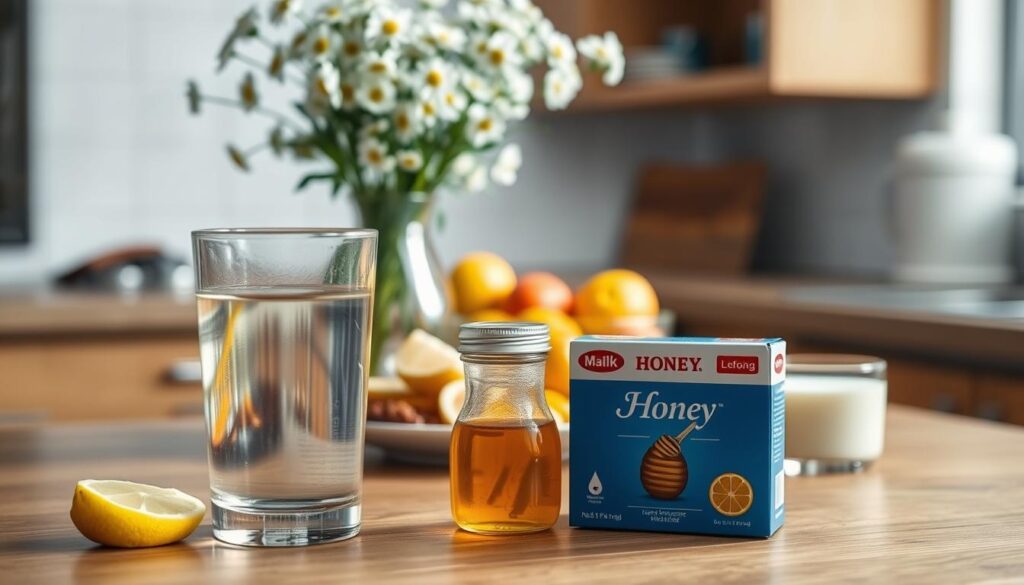 A well-lit kitchen setting with a variety of common throat irritants placed on a wooden table. In the foreground, a glass of warm water, lemon slices, and a box of honey, suggesting soothing remedies. In the middle ground, a plate of spicy foods, a bowl of citrus fruits, and a glass of milk, indicating potential triggers to avoid. The background features a vase of chamomile flowers, providing a calming, natural atmosphere. The lighting is soft and diffused, creating a serene, inviting ambiance.