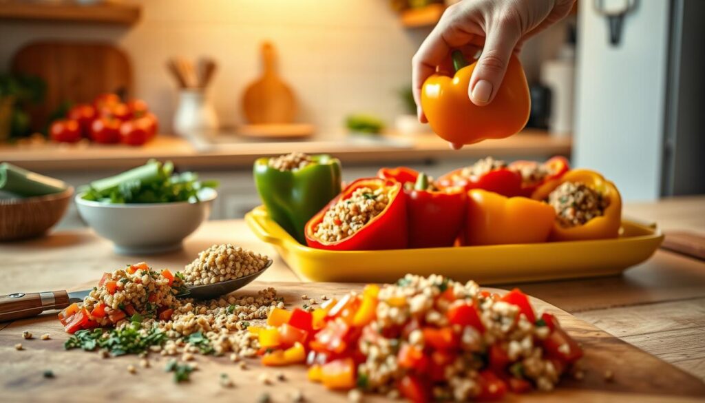 Vibrant kitchen scene showcasing the preparation of stuffed peppers for a healthy dinner. In the foreground, a wooden cutting board with neatly diced vegetables like bell peppers, tomatoes, and herbs, alongside a spoonful of cooked quinoa. In the middle, colorful halved bell peppers filled with a well-seasoned mixture, arranged artfully on a bright ceramic dish. The background features a cozy kitchen with soft, warm lighting, highlighting fresh ingredients and utensils. A hand in a modest casual outfit reaches for a bell pepper. The atmosphere is inviting and energizing, emphasizing the ease and joy of quick, healthy meal preparation. The angle captures a slightly elevated view, creating an engaging perspective of the dish being assembled.