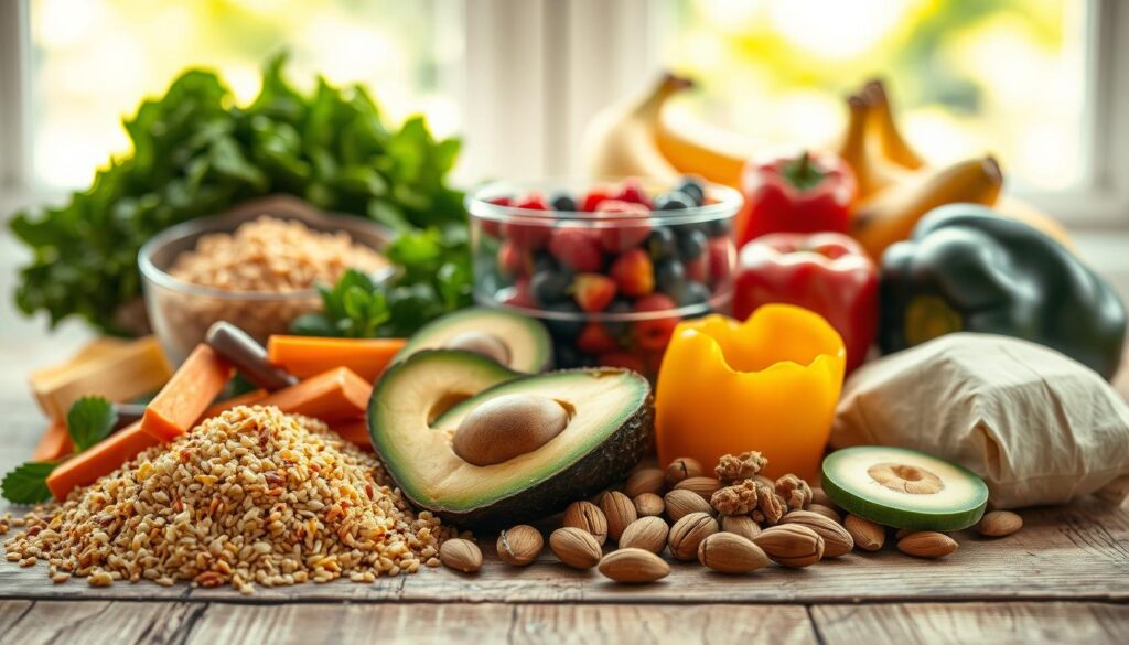 A beautiful arrangement of healthy carbohydrates and fats on a rustic wooden table. In the foreground, vibrant whole grains like quinoa and brown rice are accompanied by an assortment of colorful vegetables such as sweet potatoes and bell peppers. Fresh avocados are sliced beside a handful of nuts, including almonds and walnuts, exuding richness. In the middle ground, a glass bowl displays a variety of fruits like berries and bananas, showcasing their natural sugars. The background features soft natural lighting filtering through a window, creating a warm, inviting atmosphere. The composition evokes a sense of health and vitality, perfect for a clean eating theme, with a shallow depth of field emphasizing the food details while softly blurring the background.