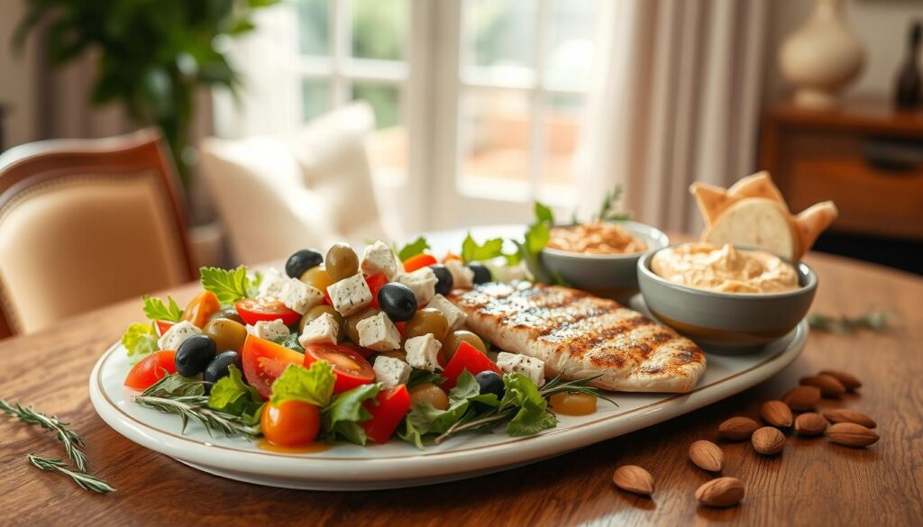 A beautifully arranged Mediterranean platter featuring ideal serving sizes of various foods. In the foreground, an elegant wooden table displays a colorful selection of a Greek salad with tomatoes, cucumbers, olives, and feta cheese, alongside grilled fish drizzled with olive oil. To the side, a small bowl of hummus with whole-grain pita bread and a handful of almonds. In the middle ground, a stunning backdrop of soft natural light filtering through a window, casting a warm glow over the scene. Herbs like rosemary and thyme are scattered artistically on the table for added texture. The atmosphere is inviting and vibrant, conveying a sense of health and vitality associated with the Mediterranean diet.