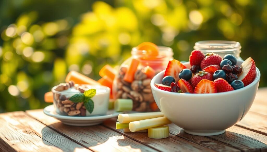 A beautifully arranged assortment of healthy snack alternatives designed to satisfy sugar cravings, set on a rustic wooden table. In the foreground, an elegant white bowl filled with fresh sliced strawberries, blueberries, and apple wedges glistens with morning dew. Beside it, a small glass jar holds a vibrant mix of nuts, seeds, and dried cranberries, radiating natural colors. In the middle ground, a plate showcases a creamy Greek yogurt dip with mint leaves, surrounded by celery sticks and carrot slices. The background features soft-focus greenery, suggesting a fresh outdoor setting. The lighting is warm and inviting, reminiscent of late afternoon sunlight, creating a cheerful and healthful atmosphere. The image captures a sense of vitality and well-being, perfect for conveying smart snacking strategies.