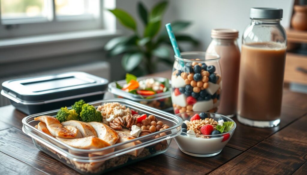 A beautifully arranged collection of portable high-protein lunch options on a rustic wooden table. In the foreground, show a sleek, divided meal prep container filled with grilled chicken slices, quinoa, steamed broccoli, and mixed nuts. Next to it, a vibrant salad bowl with chickpeas, bell peppers, and feta cheese. In the middle ground, include a refreshing Greek yogurt parfait layered with berries and a sprinkle of granola, and a protein smoothie in a reusable bottle. The background features soft natural light filtering through a window, creating a bright and inviting atmosphere. The composition should emphasize freshness and convenience, with a focus on nutritious ingredients that support muscle growth.