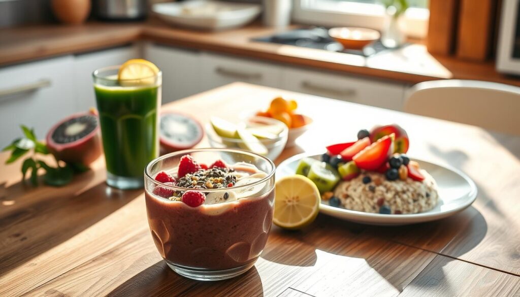 A beautifully arranged detox breakfast scene featuring a wooden table with an assortment of healthy dishes. In the foreground, a vibrant smoothie bowl topped with sliced bananas, berries, and chia seeds, alongside a colorful plate of overnight oats sprinkled with nuts and seeds. A glass of fresh green juice with a slice of lemon sits nearby. In the middle, a small bowl of sliced fruits like kiwi and dragon fruit adds a pop of color. The background showcases a sunny kitchen ambiance with soft, natural light streaming through a window, casting gentle shadows. The mood is fresh and invigorating, emphasizing health and wellness. The composition is shot at a slight angle to create depth, capturing the inviting essence of detox-friendly breakfast options.