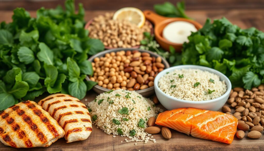 A beautifully arranged display of clean protein sources on a rustic wooden table. In the foreground, feature grilled chicken breast, fresh salmon fillets, and a bowl of quinoa surrounded by vibrant green leafy vegetables like spinach and kale. In the middle ground, arrange a variety of legumes, including lentils and chickpeas, alongside almonds and walnuts. In the background, softly blurred, showcase subtle elements like herbs, lemon slices, and spices to enhance the overall composition. The lighting is warm and natural, creating a cozy yet healthy atmosphere, while a shallow depth of field captures the textures of the food clearly. The angle is slightly elevated, inviting the viewer to appreciate the beauty of these nutritious ingredients.